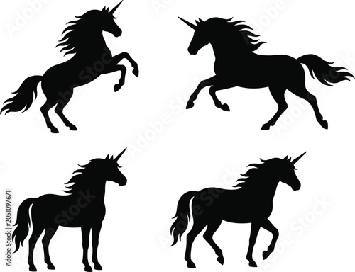 Tablou pe pânză Collection of Black Unicorn Silhouettes Featuring Rearing Running Standing and T