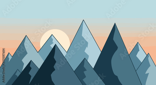 Foto Flat design mountain range consists of several overlapping blue peaks with a large pale sun peeking out from behind one of the summits