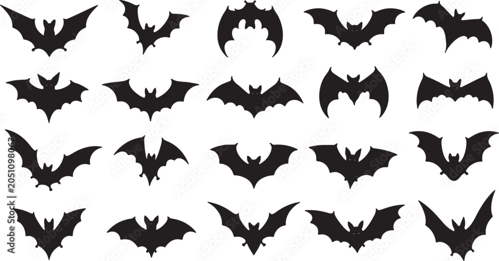 Fototapeta premium Flying Bat Silhouettes Set Abstract Vector Illustration Line Art Collection