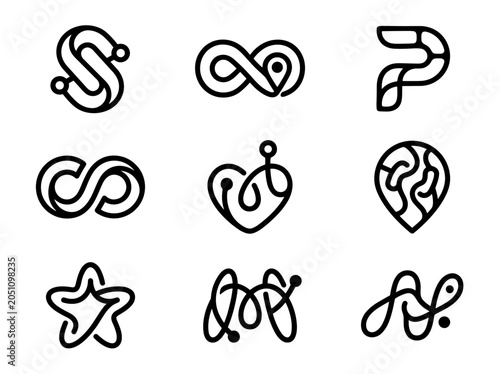 Minimal Abstract Monoline Logo Collection, Modern Geometric Brand Marks Set