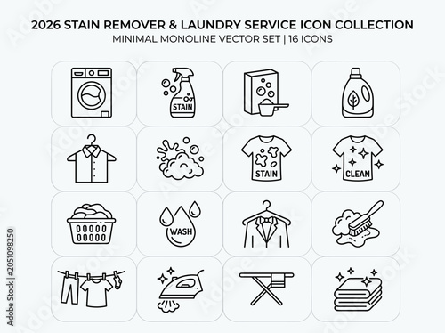 Minimal Black Laundry Service Icons Set, Stain Remover and Garment Care Collection