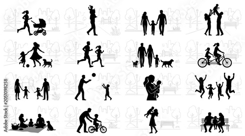 Black Family Activities Silhouette Icon Set, Parents Children and Lifestyle Collection