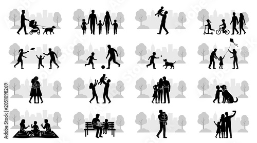 Black Family Lifestyle Silhouette Icons Set, Parents Children and Outdoor Activities Collection