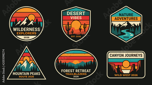 Vintage Outdoor Adventure Badge Logo Set, Retro Mountain and Nature Emblem Collection