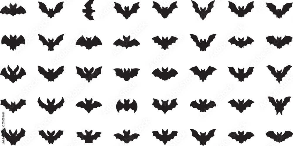 Fototapeta premium Flying Bat Silhouettes Set in Minimalist Line Art Vector Illustration Pack