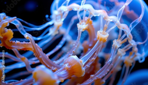 The image features a close up view of a cluster of jellyfish with translucent, elongated bodies and delicate, flowing tentacles