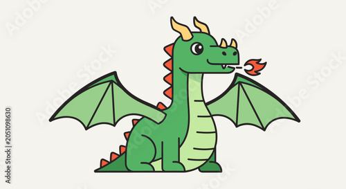 Green cartoon dragon with wings breathing fire in illustration