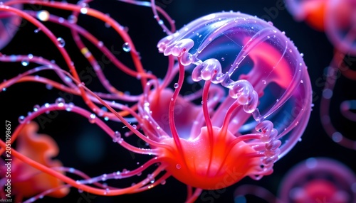 The image showcases a vibrant, bioluminescent jellyfish floating gracefully in the dark depths of the ocean