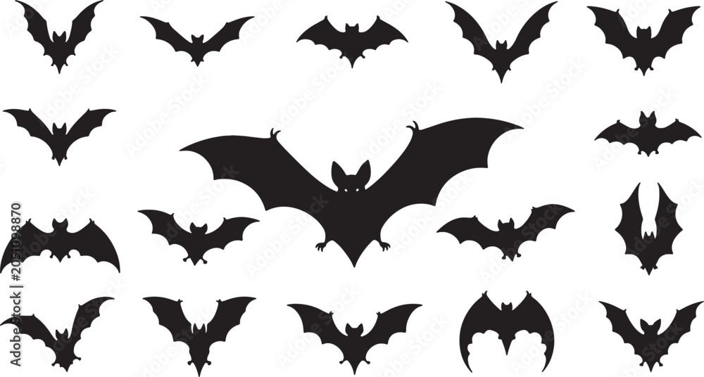 Fototapeta premium Flying Bat Silhouettes Set in Minimalist Black Vector Illustration Style