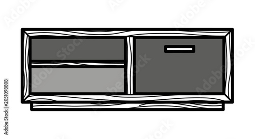 Minimalist line drawing of a rectangular storage unit with open and closed compartments