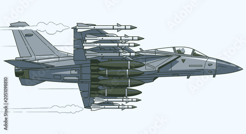 Modern military jet aircraft illustration with armaments and motion effects