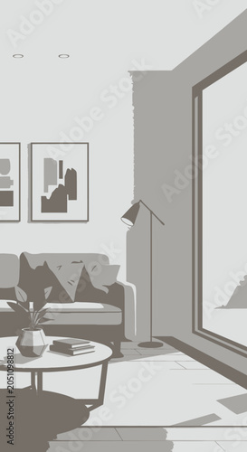 Modern living room interior with sofa and natural light
