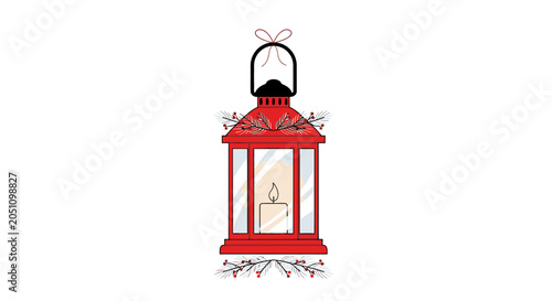 Red metal lantern with pine branches and orange candle on white background