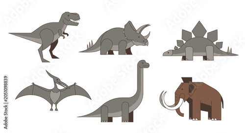 Set of six cartoon prehistoric animal silhouettes including dinosaurs and mammoth