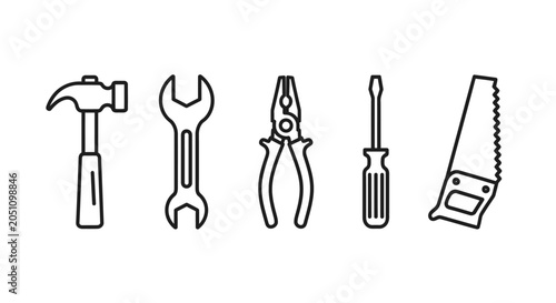 Set of hand tools for home repair and maintenance including hammer wrench pliers screwdriver and saw