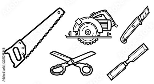 Set of hand tools for cutting and crafting including saw blades and scissors