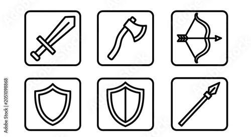 Set of six minimalist medieval weapon and shield icons on white background