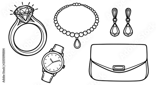 Set of elegant jewellery and accessories including a diamond ring necklace watch and handbag