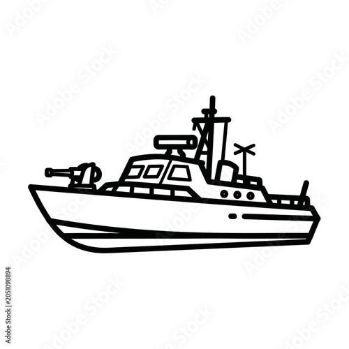 Simple line art drawing of a naval warship with cannons and superstructure