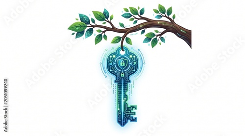 Digital security key hanging from a green tree branch
