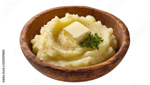 Картината върху платно Mashed potatoes with butter and parsley in wooden bowl
