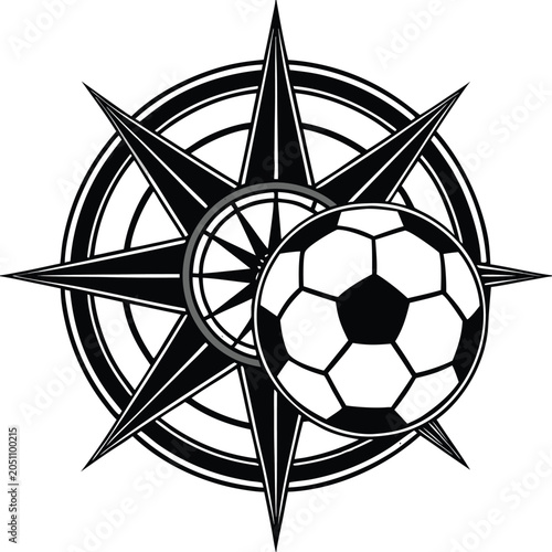 Black and white soccer ball, compass navigation, sports icon, vector graphic