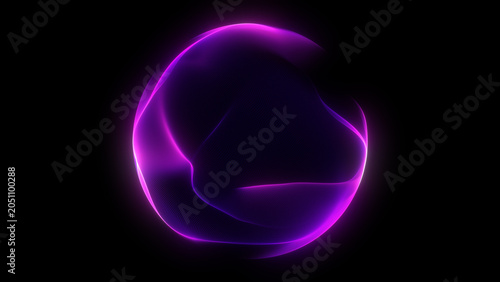 Glowing digital orb with violet neon contours, flowing wave distortion, dark background, abstract energy form and smooth plasma motion