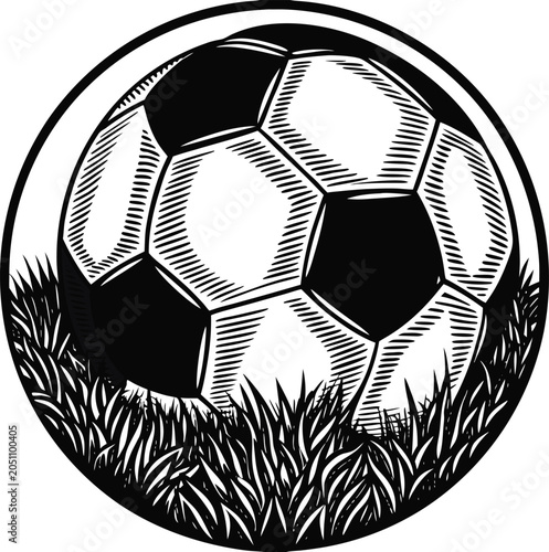 Black and white soccer ball, football illustration, sports logo, grass background, vector icon