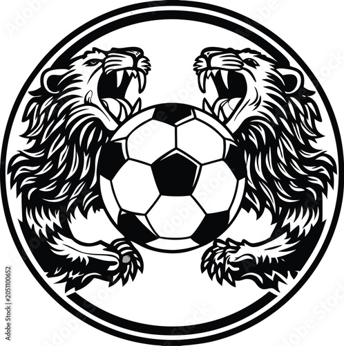 Black and white lion heads, soccer ball, sports logo, football emblem, vector icon