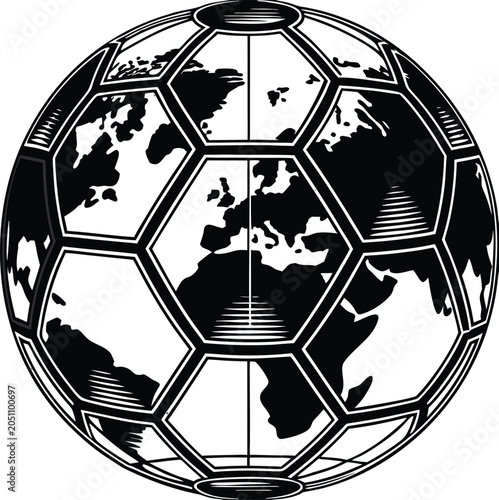 Black and white soccer ball, world map illustration, vector globe, sports icon