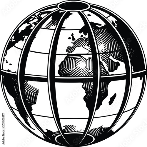 Black and white globe illustration, world map vector, earth sphere icon, geography symbol