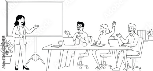 Businesswoman giving a presentation to colleagues in corporate office meeting room during training workshop line art illustration.