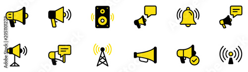 Foto Set of yellow and black megaphone, speaker, notification bell, and broadcasting