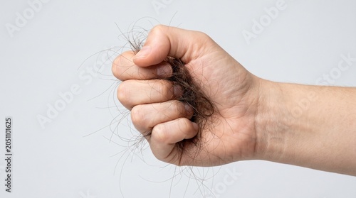 A human hand firmly holding a clump of thin brown hair demonstrating the common problem of significant daily hair loss
