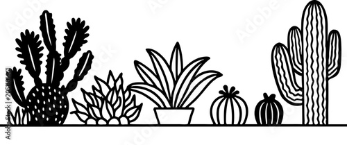 Принти на полотні A vibrant outdoor scene featuring a variety of cacti and succulent plants against a textured, light-beige stucco wall