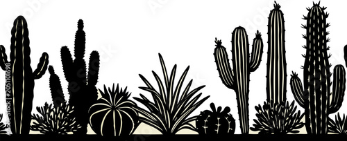 Tableau sur toile A vibrant outdoor scene featuring a variety of cacti and succulent plants against a textured, light-beige stucco wall