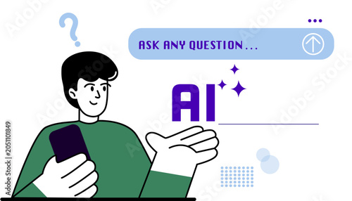 Chat bot robot speech internet. AI service mobile isolated app. Man Asks question to AI. Artificial intelligence assistance. Digital conversation. Vector