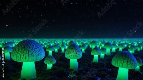 glowing mushroom forest timelapse under starry night sky