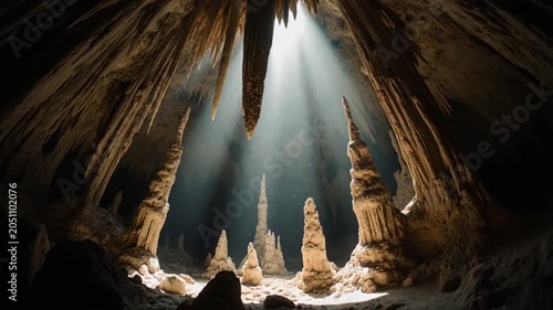 dramatic light beams through ancient cavern ceiling timelapse