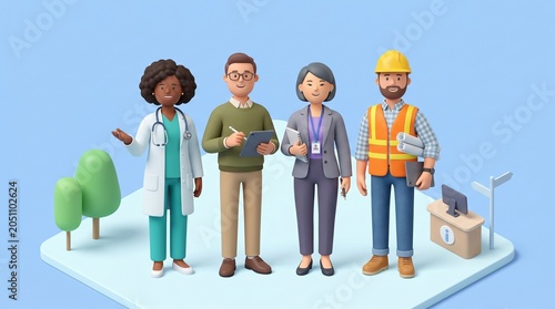 Set of professional 3D avatars representing diverse occupations with character