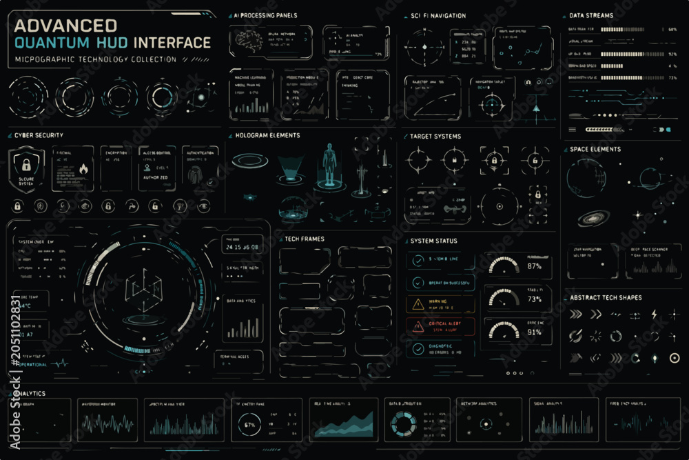 Fototapeta premium Advanced Quantum HUD Interface, Sci-Fi Infographic Technology Collection, Futuristic UI Dashboard Elements for Cyber Security and Data Analysis