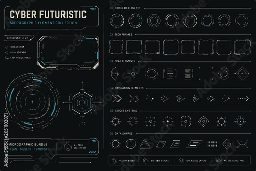 Cyber Futuristic Infographic Element Collection, HUD UI Design Kit with Tech Frames and Circular Elements, Sci-Fi Vector Assets for Gaming