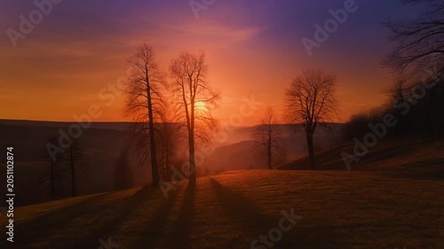 dramatic sunset with foggy rural road and trees timelapse