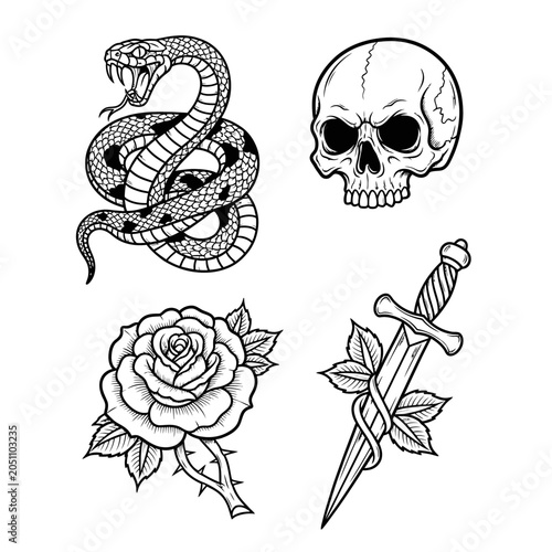 Black and white tattoo flash art featuring snake skull rose and dagger illustrations on white background