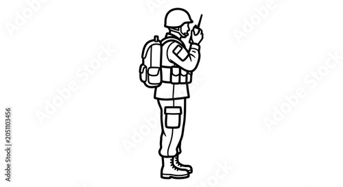 Foto Soldier Communicating with Radio, Military Action, Vector Illustration
