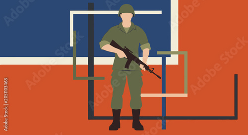 Quadro su tela Soldier Holding Rifle, Military Concept, Abstract Geometric Background