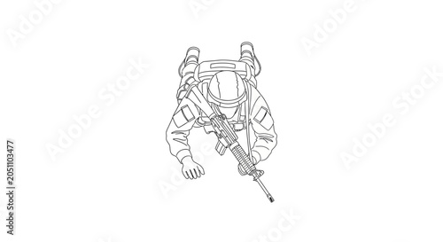 Canvastavla Soldier Crawling with Rifle Top View Black and White Line Art