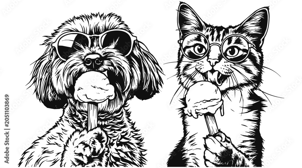 Obraz premium Cute Dog and Cat wearing Sunglasses and stylish Eyewear while eating Ice cream in a funny summer pet illustration