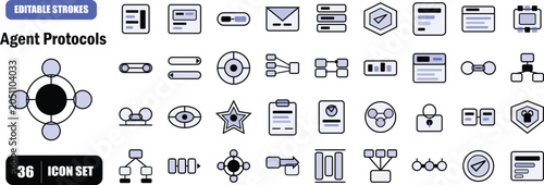 Photography A premium 36-icon flat outline set covering JSON payload structures, gRPC communication channels, agent negotiation, and sub-task orchestration for AI systems
