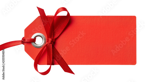 Photos Red gift tag with ribbon bow and metal eyelet